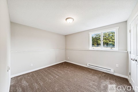 A room with a carpeted floor, a window, and a door.