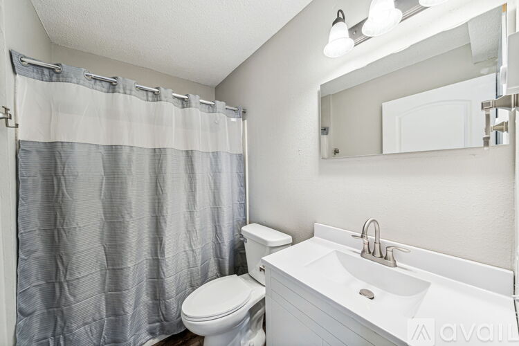 A bathroom with a white toilet, sink, and shower curtain.