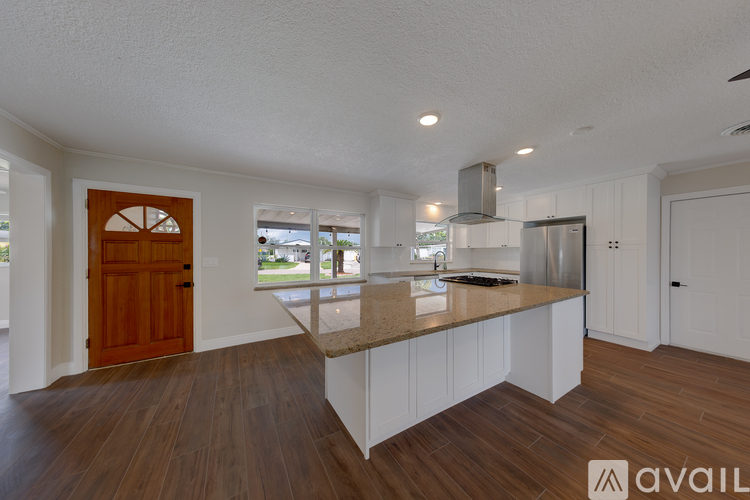 A kitchen with a wooden door and a countertop.