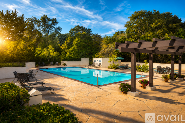 A pool surrounded by a patio and trees.