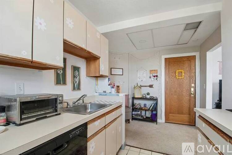 A kitchen with a sink, toaster, and a wooden door.