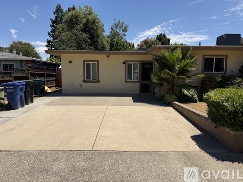 A house with a driveway and a palm tree in front.