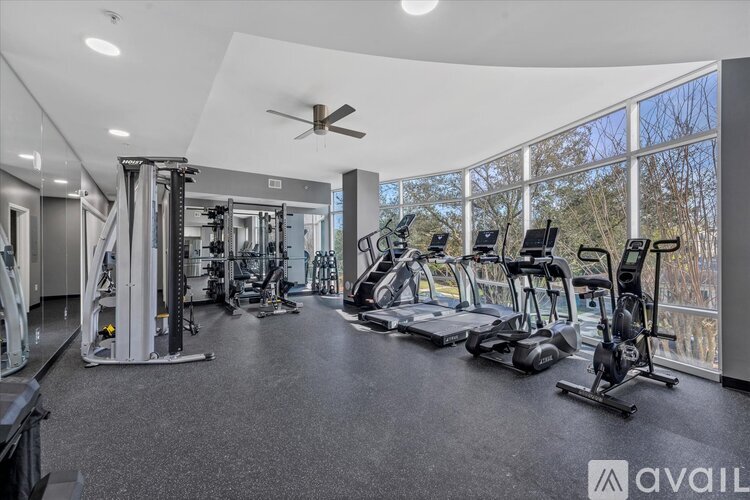 A well-equipped gym with various exercise machines and a large mirror on the wall.