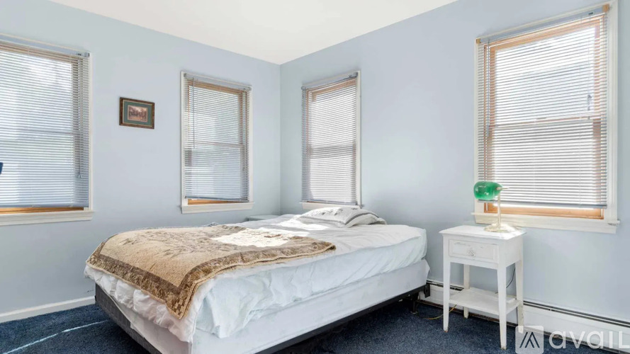 A bedroom with a bed, nightstand, and two windows.