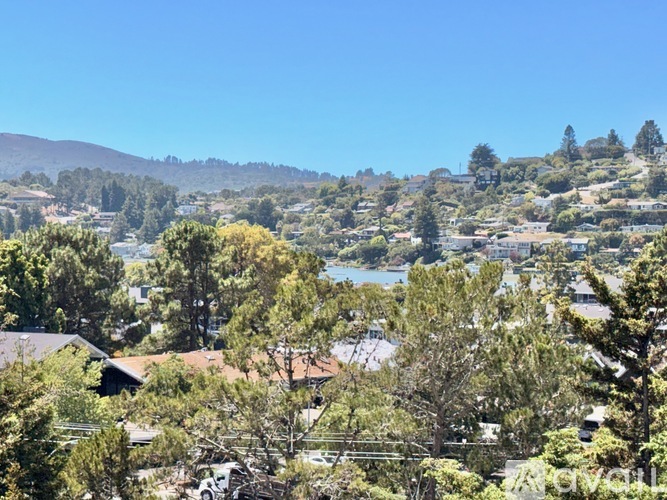 A view of a residential area with houses and trees.