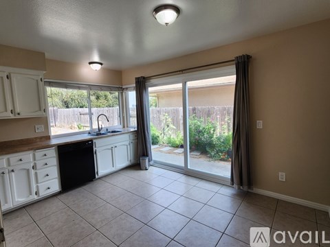 A kitchen with a dishwasher and a window overlooking a backyard.