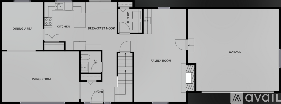 A floor plan of an apartment with a living room, dining area, kitchen, breakfast nook, family room, garage, and powder room.
