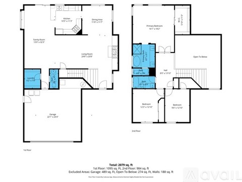 A floor plan of a two-story house with a garage and a living room on the first floor and a dining area, kitchen, and open to bedroom on the second floor.