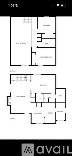 Two floor plan images of a house with the first floor plan showing a living room, dining room, kitchen, and bathroom, and the second floor plan showing a bedroom, bathroom, and kitchen.