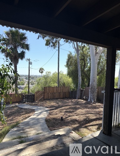 A backyard with a wooden fence and a dirt path.