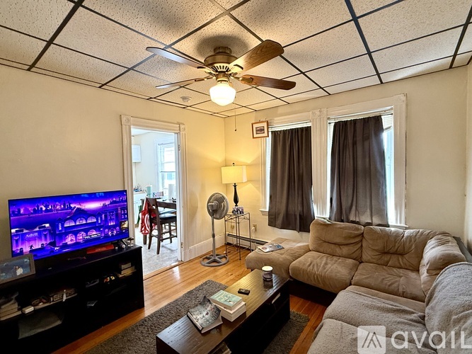 A living room with a television, a couch, a coffee table, and a ceiling fan.