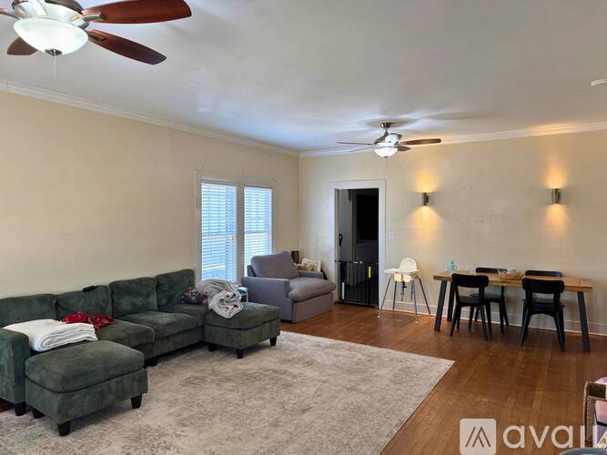 A living room with a green couch and a grey rug.