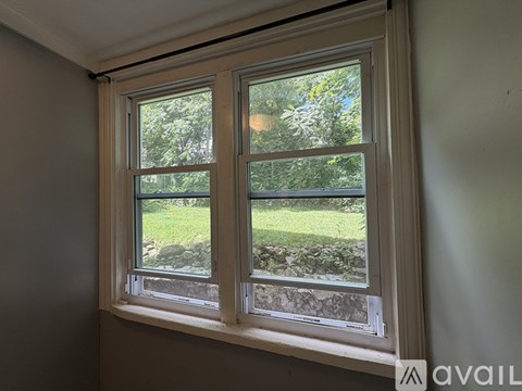 A window with a view of a garden outside.