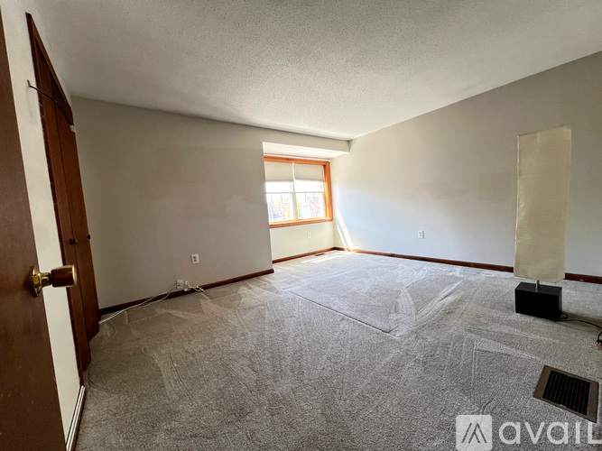 A room with a carpeted floor and a window letting in sunlight.