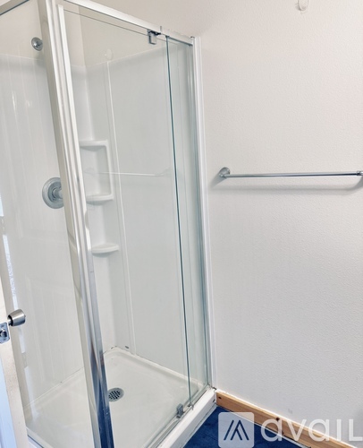 A glass shower door with a silver handle and a white wall.