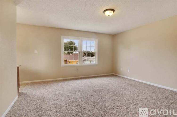 A room with a carpeted floor and a window showing a view of a building outside.