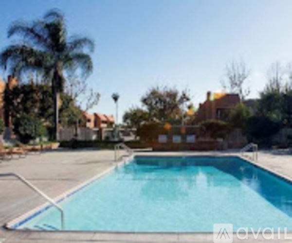 A small pool in a backyard with trees and houses in the background.