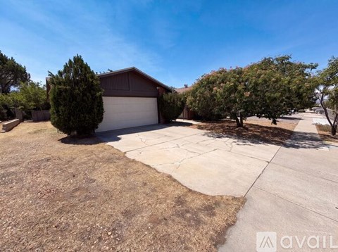 A house with a garage and a driveway surrounded by trees.