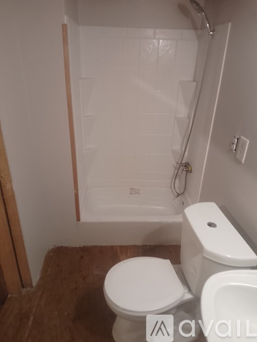 A white toilet sits in a bathroom next to a walk-in shower.