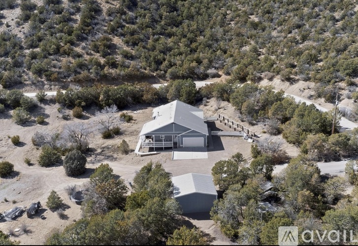 A house with a garage is surrounded by trees.