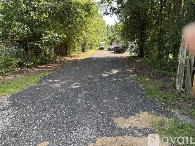 A gravel road surrounded by trees with a car in the distance.