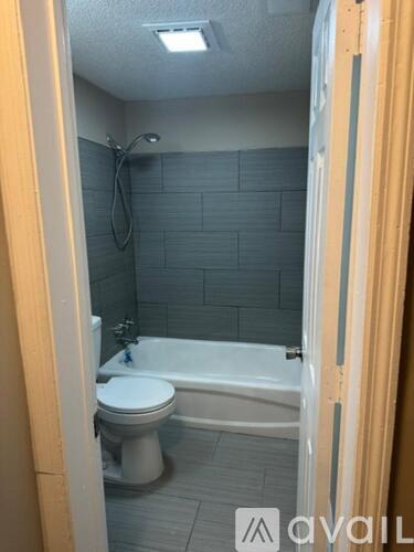 A bathroom with a toilet, tub, and shower.