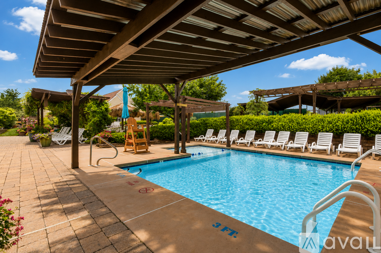 A pool with a wooden pergola and sun loungers.