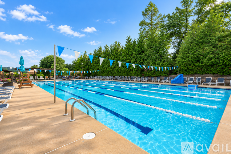 A large outdoor swimming pool with blue water and a sunny sky.