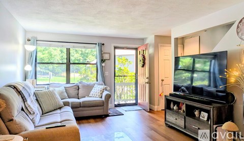 A living room with a grey couch and a television.