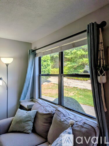 A living room with a grey couch and a window with a view of a garden.