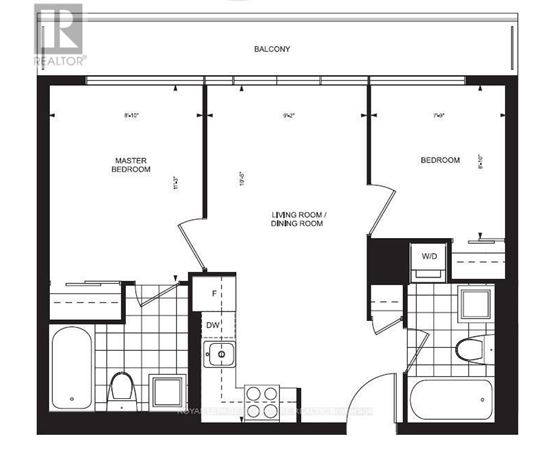 A black and white image of a floor plan for a home with a balcony, master bedroom, and living room.