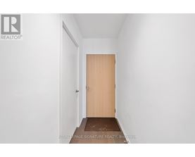 A hallway with a wooden door and a brown doormat.