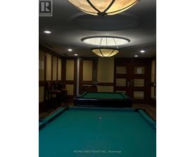 A pool table in a room with a light hanging from the ceiling.
