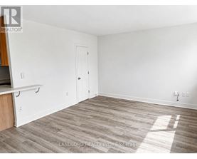 A room with a wooden floor and a white door.