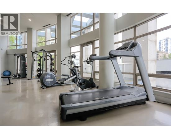 A treadmill is in the middle of a spacious room with other exercise equipment.