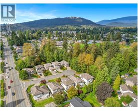 A bird's eye view of a residential neighborhood with houses and trees.