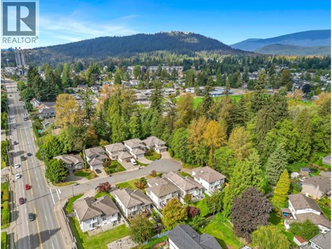 A bird's eye view of a residential neighborhood with houses and trees.