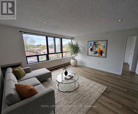 A living room with a grey sofa and a glass coffee table.
