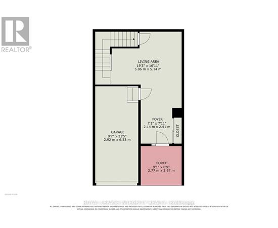 A floor plan for a home with a living area, garage, and porch.