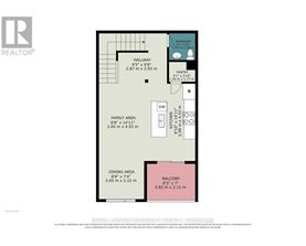 A floor plan for a home with a family area, dining area, balcony, and pantry.