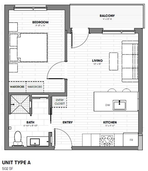 A black and white image of a floor plan for a 502 square foot unit.