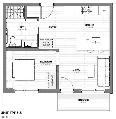 A floor plan of a 500 square foot apartment with a bedroom, living room, kitchen, and bathroom.