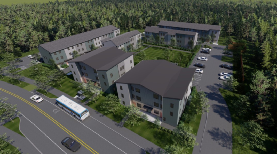 A rendering of a modern apartment complex with a parking lot in front.