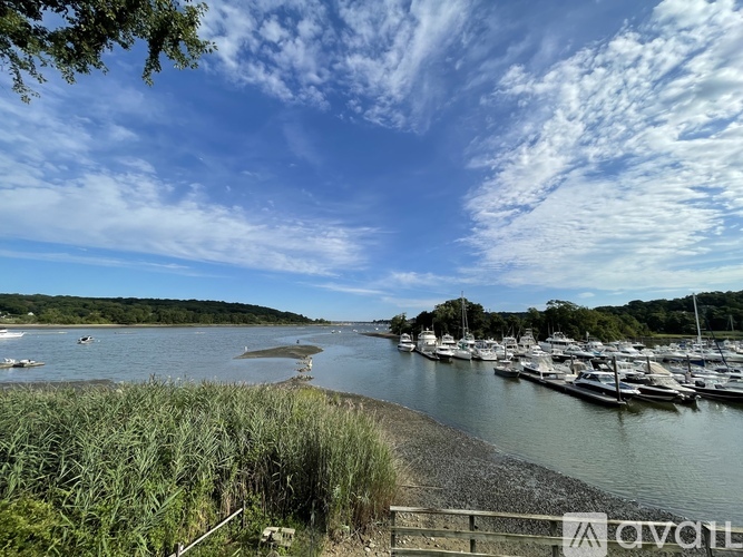 A marina with boats docked and a clear sky.