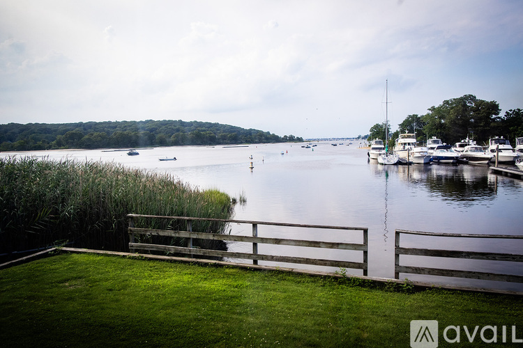A marina with boats and a grassy area in the foreground.