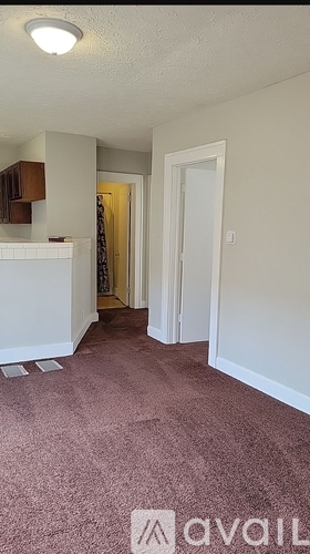 A room with a carpeted floor and a doorway leading to another room.