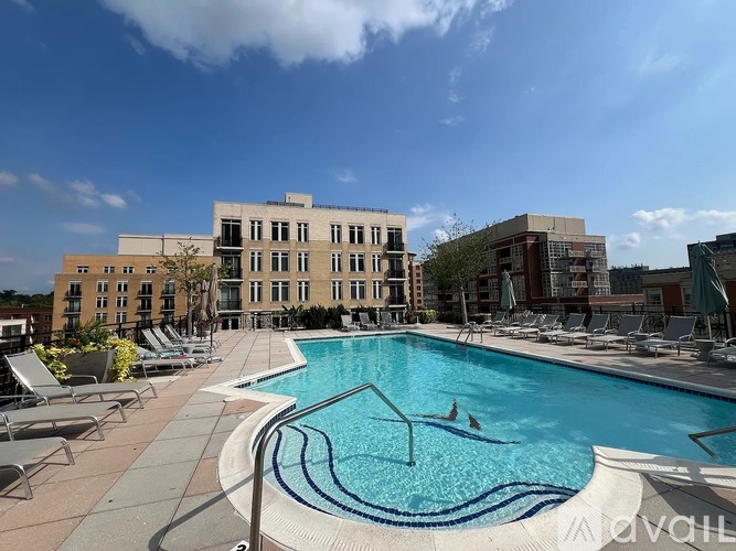 A large swimming pool in front of a multi-story building with lounge chairs around it.