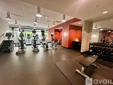 A gym with treadmills, elliptical machines, and other exercise equipment.