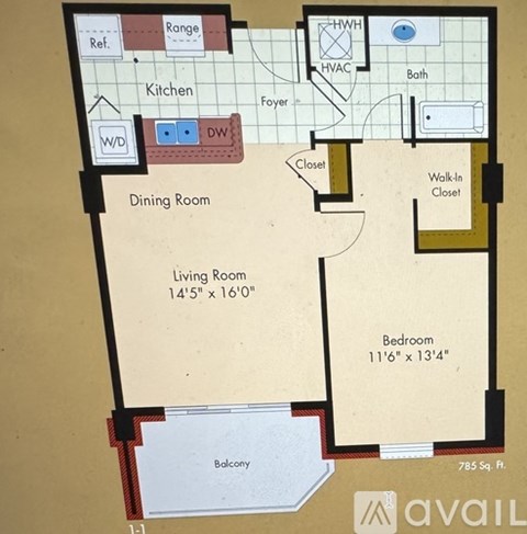 A floor plan of a one-bedroom apartment with a living room, dining room, kitchen, and bathroom.