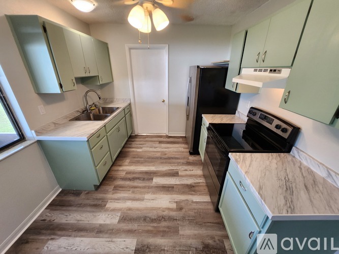 A kitchen with green cabinets and a black refrigerator.